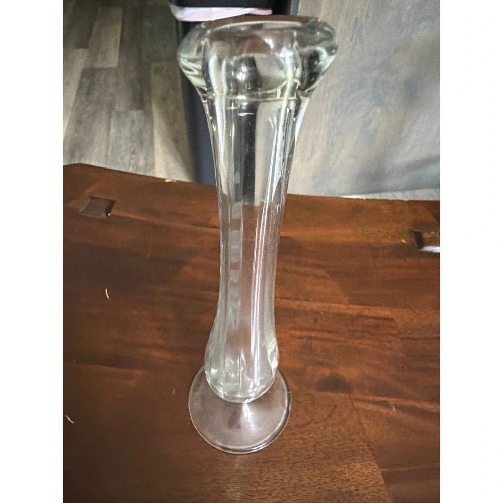 Vintage Etched Glass Bud Vase Clear Floral Leaf Pattern Scalloped Rim 8 Inch